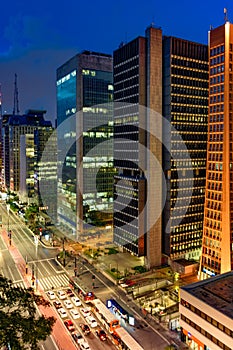 Illuminated commercial buildings on Paulista avenue