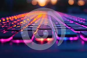 Illuminated RGB Gaming Keyboard Closeup, Vibrant Neon Lights