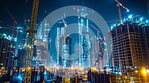 Illuminated construction site with towering skyscrapers at night