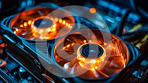 Illuminated cooling fans on a graphics card inside a gaming computer