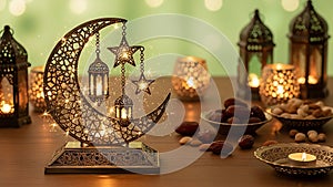 Illuminated Crescent Moon and Star Decor with Lanterns and Dates