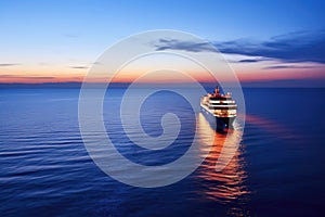 illuminated cruise ship cruising the open sea at twilight