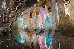 Illuminated Crystal Cave with Reflective Water