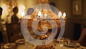 Illuminated crystal chandelier adds elegance to luxurious dining room decor generated by AI