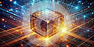 Illuminated cube in a network of light and data streams. Generative AI