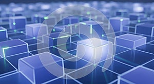 Illuminated cubes arrayed in a digital grid with glowing blue light