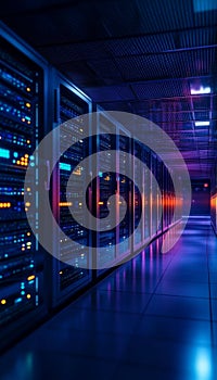 Illuminated Dark Data Center Interior with Server Racks for Cloud Computing and IT Services