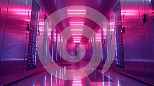 Illuminated Data Center Corridor Featuring Futuristic Lighting and Server Racks at Night