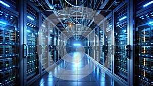 Illuminated data center corridor rows of advanced server racks with complex cabling. Generative AI