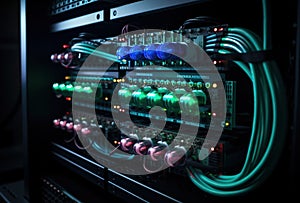 Illuminated data center rack with colorful LEDs on servers showing modern technology and networking equipment