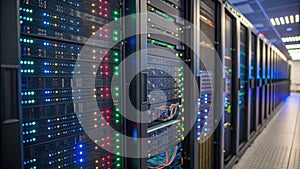 Illuminated Data Center Servers A mesmerizing array of glowing server racks in a modern data center, showcasing technological