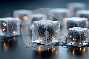 Futuristic Technology Concept with Illuminated Data Cubes on Reflective Surface Generative AI
