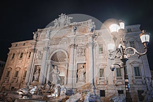 Illuminated, Detailed Baroque Trevi Fountain in Rome, Italy