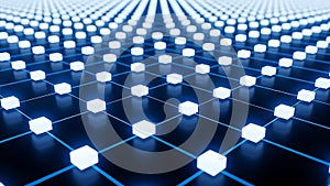 Illuminated digital cubes interconnected by glowing blue lines create an abstract representation of a complex data network