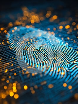 Illuminated digital fingerprint with glowing data points and intricate patterns