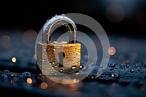 Illuminated digital lock enveloped by binary code streams representing cybersecurity protection