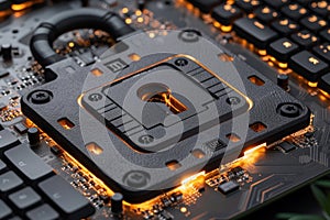 Illuminated digital lock enveloped by streams of binary code representing cybersecurity protection