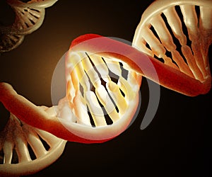 Illuminated DNA Helix close up 3d rendering