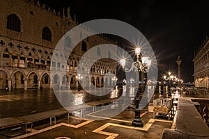 Illuminated Doge Palace at Night, Venice