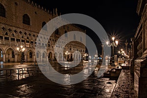 Illuminated Doge Palace at Night, Venice