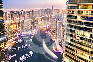 Illuminated Dubai Marina at Dusk, United Arab Emirates