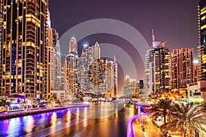 Illuminated Dubai Marina at Dusk, United Arab Emirates