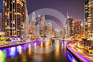 Illuminated Dubai Marina at Dusk, United Arab Emirates