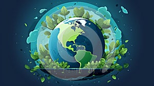 Illuminated Earth surrounded by green foliage, AI-generated.