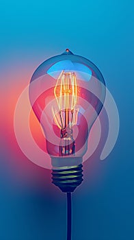 Illuminated edison light bulb against blue and red gradient background