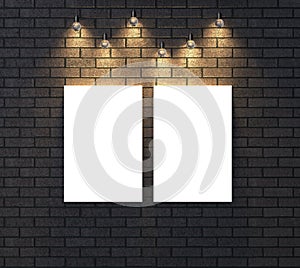 Illuminated empty frame mock up on dark brick wall. 3D illustrating.