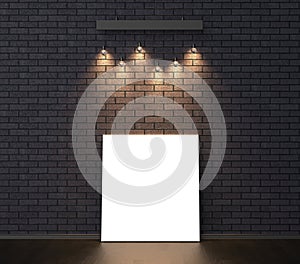 Illuminated empty frame mock up on dark brick wall. 3D illustrating.