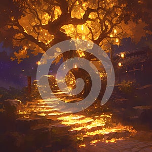 Illuminated Enchanted Forest Pathway - Stock Image