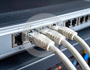 Illuminated Ethernet network cables connect to a computer for digital data transmission