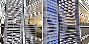 Illuminated exterior of the stylish office at night. View from the copter. White and blue colors. Large windows. 3d rendering