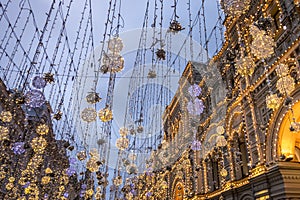 Illuminated facade of GUM Department store on the Red Square