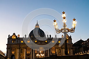 Rome - Scenic view on the illuminated facade of the Saint Peter Basilica in the Vatican City, Rome, Italy