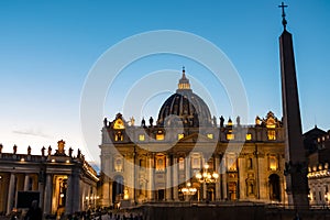 Rome - Scenic view on the illuminated facade of the Saint Peter Basilica in the Vatican City, Rome, Italy