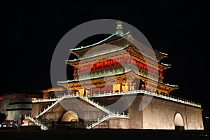 Illuminated famous ancient Bell Tower at night, Xian, China.