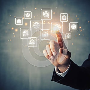 Illuminated Fingertip Interacting with Futuristic Interface: Global Network, Data, and Growth Visualization