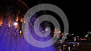 Illuminated Fountain in Downtown Belgrade, Serbia at Night. National Assembly