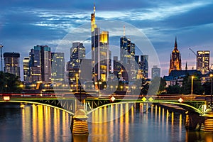 Illuminated Frankfurt skyline at night