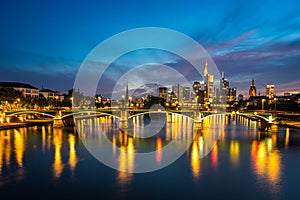 Illuminated Frankfurt skyline at night