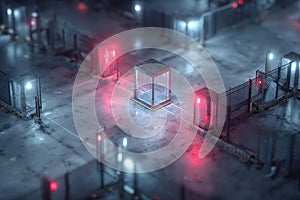 Illuminated futuristic checkpoint with red and white lights in a secure area