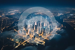 Illuminated futuristic cityscape, aerial view of a city at night sci-fi illustration