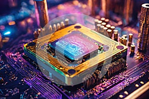 Illuminated futuristic computer chip on the motherboard