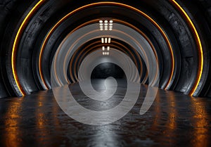 Illuminated futuristic tunnel with reflective floor
