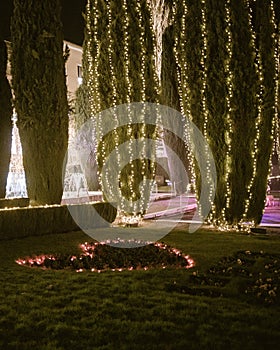 Illuminated garden in the Palace of the Infantado