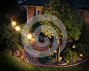 Illuminated garden path patio