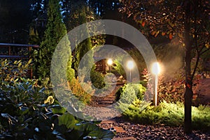 Illuminated garden path patio