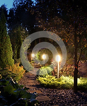 Illuminated garden path patio